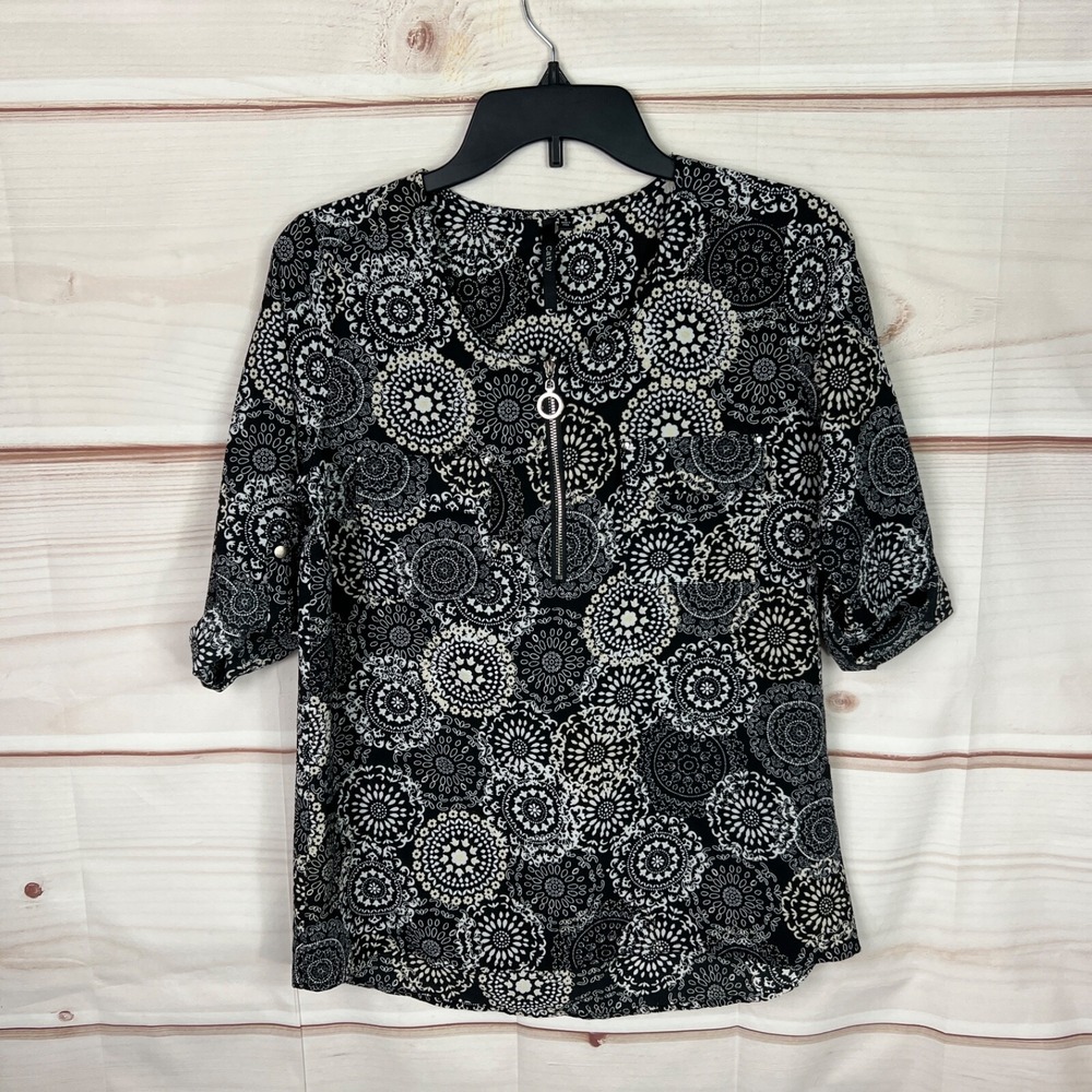 Cathy Top Womens S Black Madala Print Blouse 1/2 Zip Tab Sleeve Woven Stretch